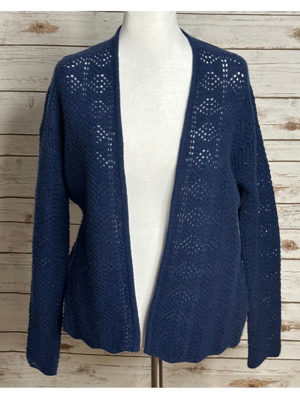 Garnet Hill navy blue cashmere linen pointelle knit open cardigan sweater XS